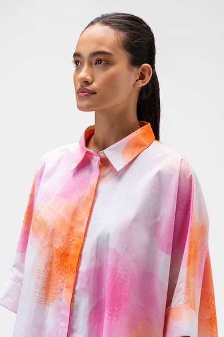 Buy_Genes Lecoanet Hemant_Orange Cotton Embroidery Collared Floral Pattern High Low Hem Shirt_Online_at_Aza_Fashions