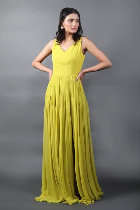 Buy Swatee Singh Yellow Georgette V-neck Pleated And Flared Gown Online at Aza Fashions Buy_Swatee Singh_Yellow Georgette V-neck Pleated And Flared Gown _Online_at_Aza_Fashions