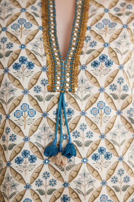 Nikasha_Blue Cotton Mirrors, Sequins Split V-neck Mughal Print Midi Dress _Online_at_Aza_Fashions