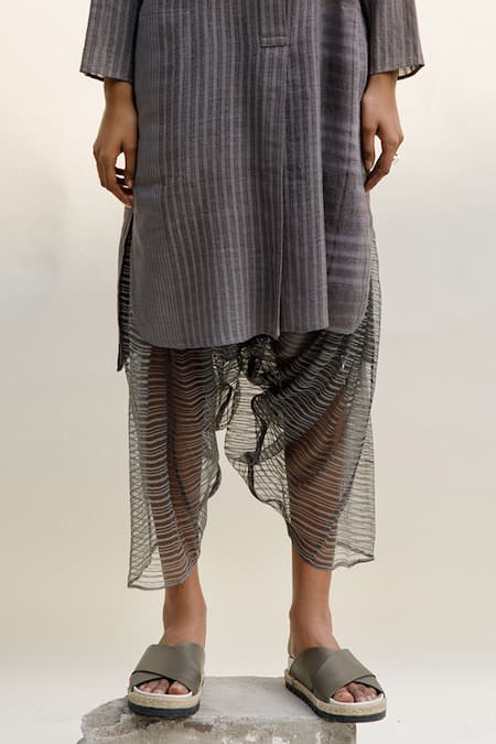 Buy_Urvashi Kaur_Grey Linen Noil Stripe Quotient Pattern Dhoti Salwar  _Online_at_Aza_Fashions
