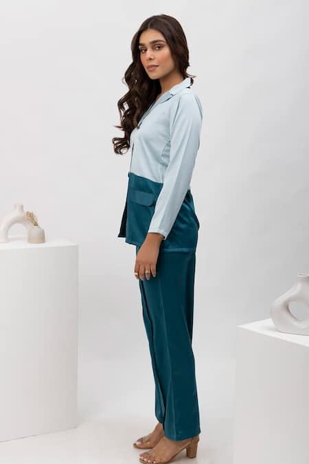 Buy_Dawn And Dusk_Blue Satin Collared Magic Dual Tone Shirt And Pant Set_Online_at_Aza_Fashions