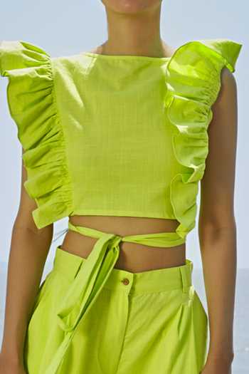 MATI_Green Cotton Square Neck Ruffled Neon Crop Top_Online_at_Aza_Fashions