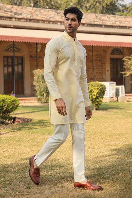 Buy_Raw & Rustic By Niti Bothra_Yellow Embroidery Lucknowi Kurta _Online_at_Aza_Fashions