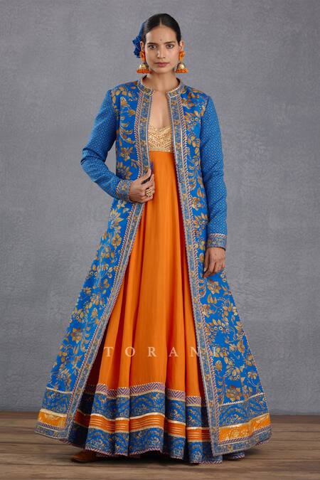 Shop Torani Blue Silk Gota Patti, Embroidery Round Rang Palaash Raabia Anarkali With Jacket Online at Aza Fashions Shop_Torani_Blue Silk Gota Patti, Embroidery Round Rang Palaash Raabia Anarkali With Jacket _Online_at_Aza_Fashions