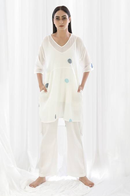 Buy_Khat_White Cotton Embroidery V-neck Polka Pattern Short Tunic Pant Set _Online_at_Aza_Fashions