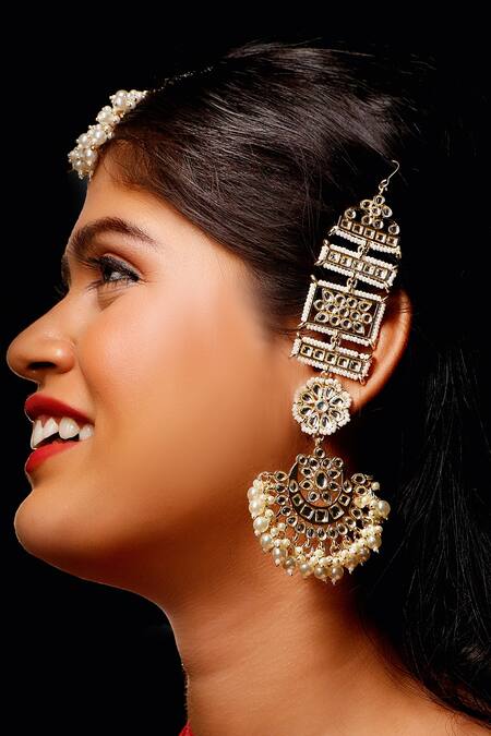 Buy Ishhaara Gold Plated Stones, Pearls Studded Chandbalis With Maangtikka Online at Aza Fashions Buy_Ishhaara_Gold Plated Stones, Pearls Studded Chandbalis With Maangtikka _Online_at_Aza_Fashions