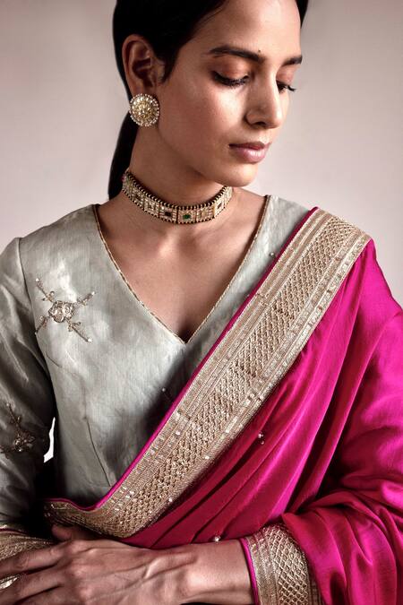 Buy_Shorshe Clothing_Pink Silk Satin Pearls, Gota Patti Handwoven Embroidered Saree_Online_at_Aza_Fashions