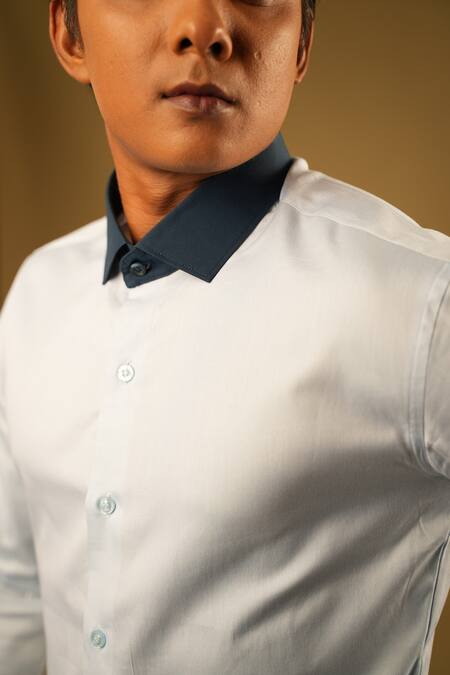 Buy_Hilo Design_Blue Oxford And Poplin Lycra Dark Kola Shirt _Online_at_Aza_Fashions