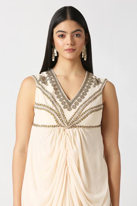 Buy_Labbada_Ivory Kurta Viscose Georgette Hand Embroidered Centre Draped And Palazzo Set_Online_at_Aza_Fashions