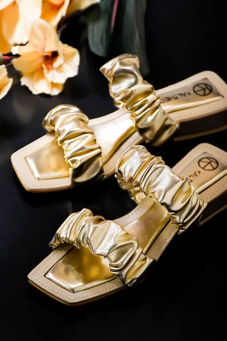 Buy Kaltheos Gold Plain Maureen Metallic Ruffle Strap Block Heels Online at Aza Fashions Buy_Kaltheos_Gold Plain Maureen Metallic Ruffle Strap Block Heels_Online_at_Aza_Fashions
