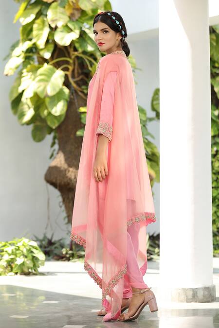 Buy_Tarini Vij_Pink Kurta And Dhoti Irish Satin Cape Silk Organza Bead Sheer & Pant Set _Online_at_Aza_Fashions