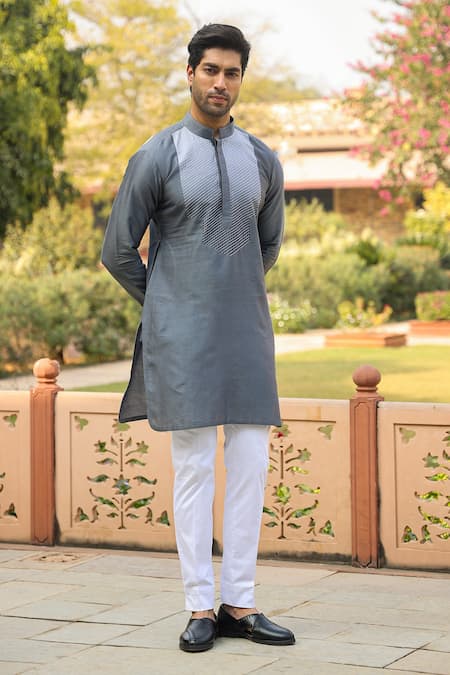 Buy_Raw & Rustic By Niti Bothra_Grey Chanderi, Silk Embroidery Ombre Banarasi Kurta _Online_at_Aza_Fashions
