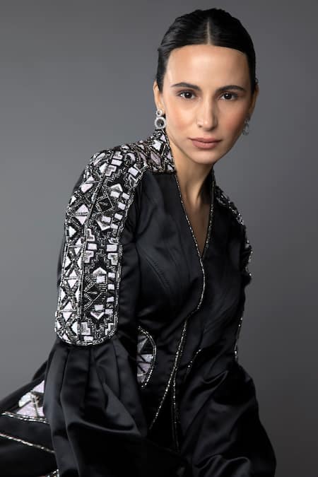 Buy_Anjum Qureshi_Black Satin Embroidery V-neck Hand Blazer Playsuit _Online_at_Aza_Fashions