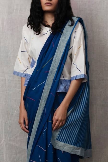 Buy Banana Labs Blue Cotton Sprinkle Round Neck Geometric Stripe Print Saree With Crop Top Online at Aza Fashions Buy_Banana Labs_Blue Cotton Sprinkle Round Neck Geometric Stripe Print Saree With Crop Top _Online_at_Aza_Fashions