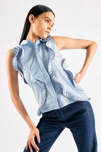 Buy Mellowdrama Blue Cotton Striped Pattern Frilled Shirt Online at Aza Fashions Buy_Mellowdrama_Blue Cotton Striped Pattern Frilled Shirt_Online_at_Aza_Fashions