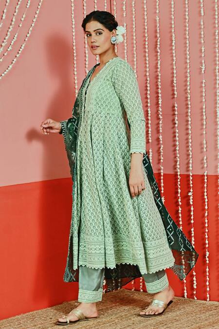 Buy_Myaara_Green Georgette, Organza, Cotton Embroidery V-neck Floral Anarkali Set_Online_at_Aza_Fashions