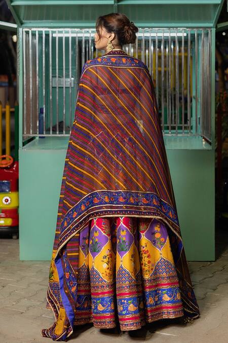 Buy_Irrau By Samir Mantri_Multi Color Organza, Denim Embroidery, Sequins, Gota Printed Panel Lehenga Set _Online_at_Aza_Fashions