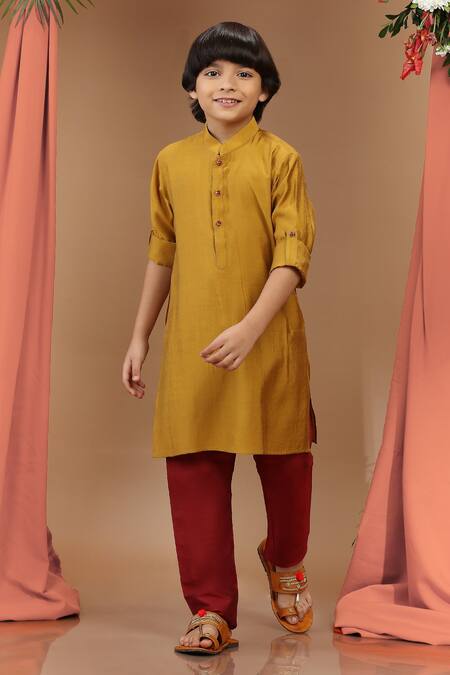 Buy_Kora By Nilesh Mitesh_Yellow Silk Bandhej Print Bundi Kurta Set_Online_at_Aza_Fashions