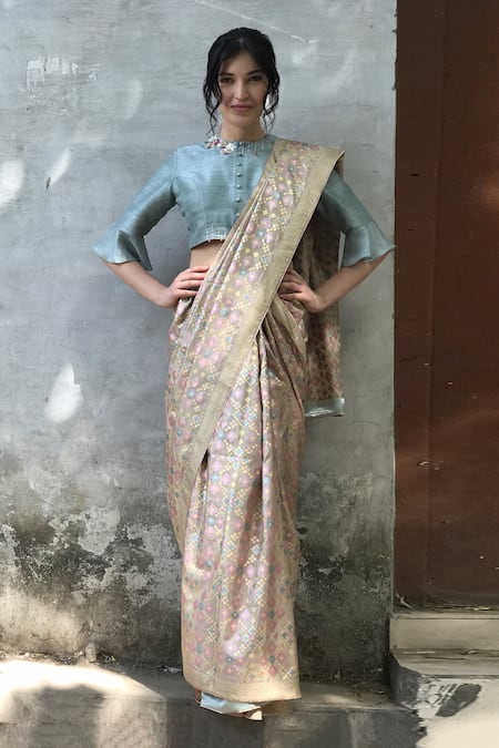 Buy_I Am Design_Beige Silk Ikat Print Saree _Online_at_Aza_Fashions