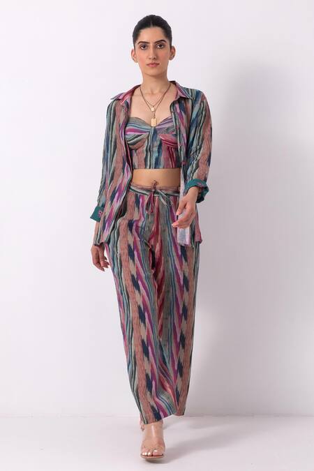 Buy Label Shreya Sharma Multi Color Linen Collared Ikat Print Jacket With Pant Online at Aza Fashions Buy_Label Shreya Sharma_Multi Color Linen Collared Ikat Print Jacket With Pant_Online_at_Aza_Fashions