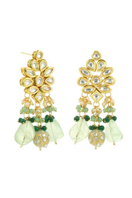 Ishhaara Gold Plated Stones Kundan Green Dangler Earrings at Aza Fashions Ishhaara_Gold Plated Stones Kundan Green Dangler Earrings _at_Aza_Fashions