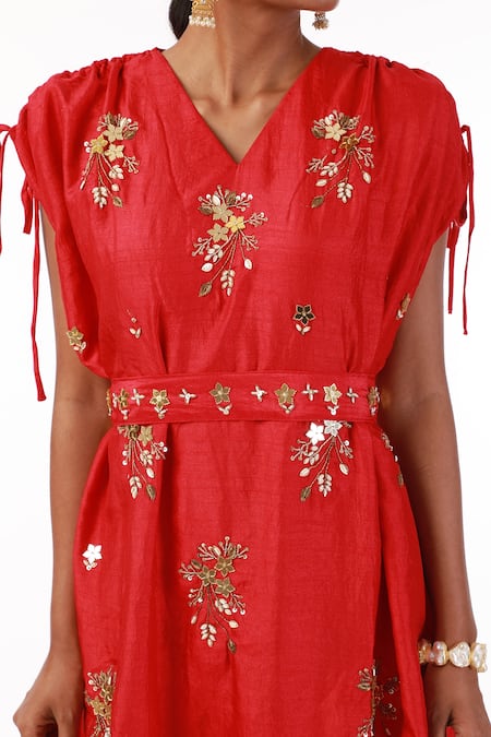 Buy Meghna Shah Red Silk Beads, Stones V-neck Hand Embroidered Draped Cowl Dress Online at Aza Fashions Buy_Meghna Shah_Red Silk Beads, Stones V-neck Hand Embroidered Draped Cowl Dress _Online_at_Aza_Fashions