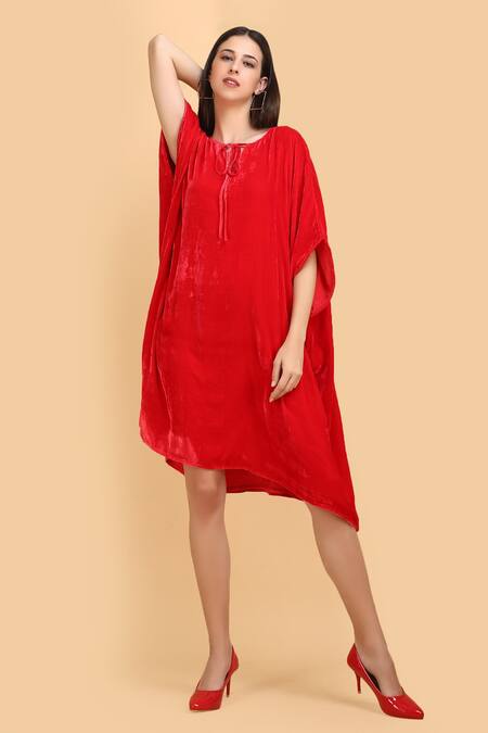 Buy_Label Ivish_Red Silk, Velvet Keyhole Neck Front Tie-up Kaftan _Online_at_Aza_Fashions