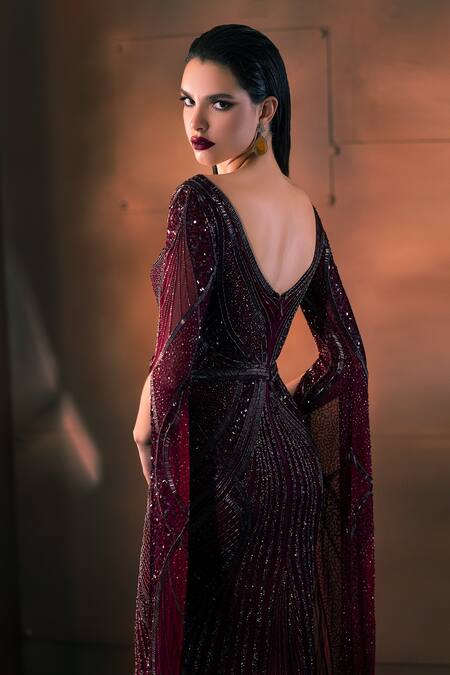 Shop_Bhawna Rao_Red Silk, Tulle Beads, Sequins, Cut Work Asymmetric And Hand Embroidered Gown _Online_at_Aza_Fashions