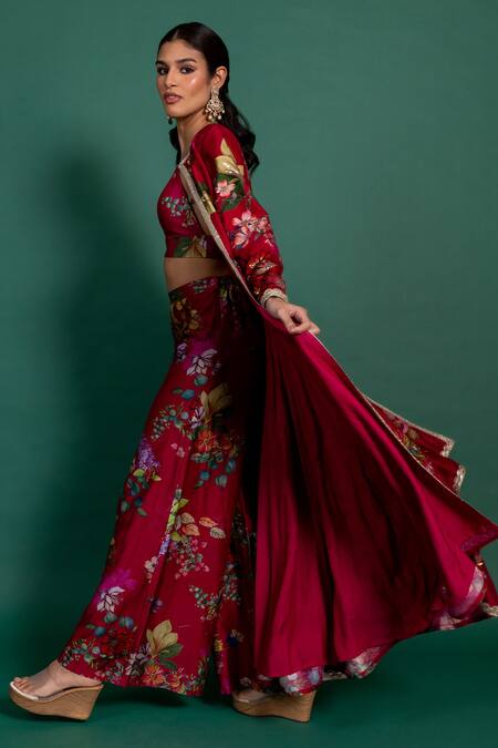 Buy_Varun Bahl_Fuchsia Chanderi Lace, Cut Work, Floral Print Anarkali Jacket And Pant Set _Online_at_Aza_Fashions