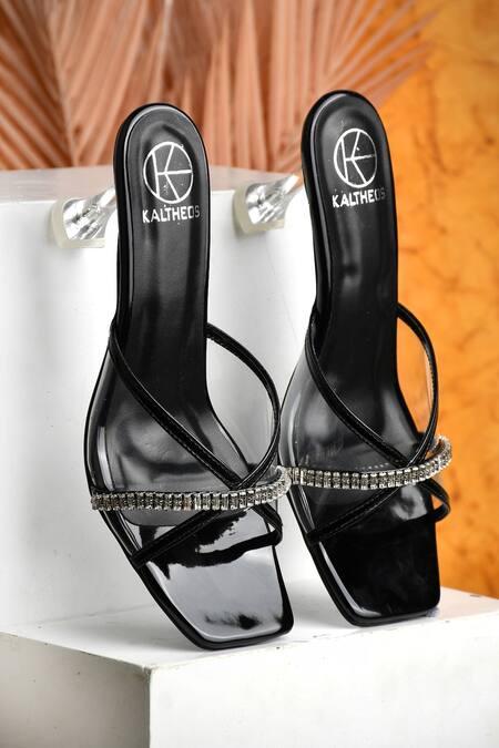 Shop_Kaltheos_Black Crystals Helen Square Toe Heels_Online_at_Aza_Fashions