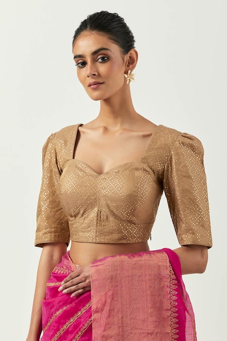 Buy_Label Earthen_Pink Chanderi Silk Embroidery Sweetheart Neck Sunahri Dhaari Saree With Blouse _Online_at_Aza_Fashions