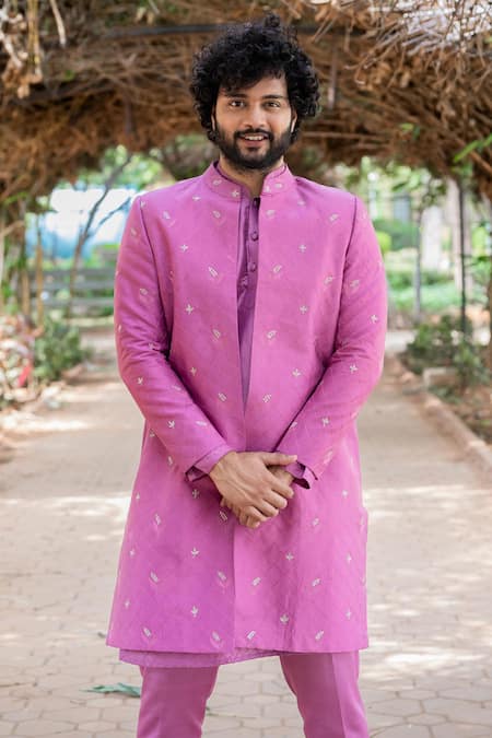Buy Hilo Design Purple Silk Embroidery Checkered Sherwani Set Online at Aza Fashions Buy_Hilo Design_Purple Silk Embroidery Checkered Sherwani Set _Online_at_Aza_Fashions