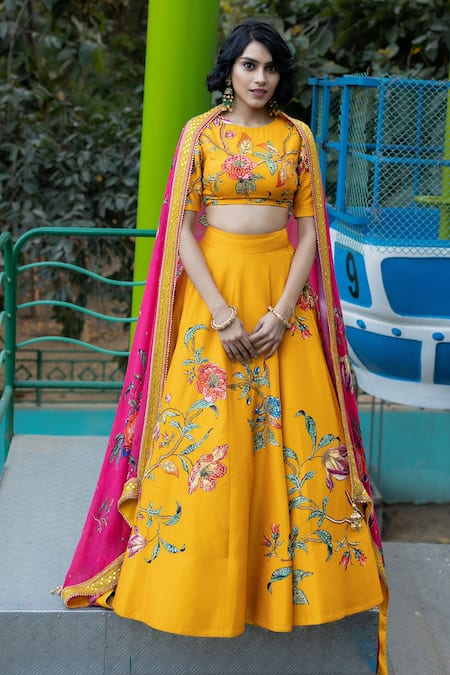 Buy Irrau By Samir Mantri Yellow Chiffon Embroidery Round Neck Floral Vine Lehenga Set Online at Aza Fashions Buy_Irrau By Samir Mantri_Yellow Chiffon Embroidery Round Neck Floral Vine Lehenga Set _Online_at_Aza_Fashions