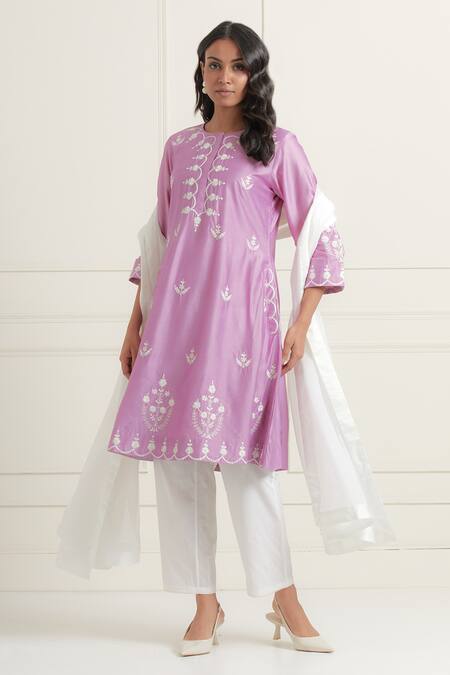 Buy_Ikshita Choudhary_Purple Chanderi Silk Cut Work, Embroidery Round Neck Flared Kurta_Online_at_Aza_Fashions