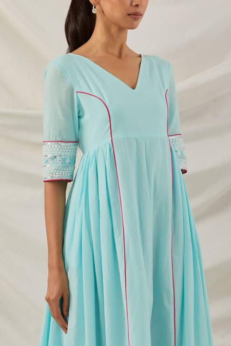 Buy_The Indian Cause_Blue Cotton Embroidery V-neck Fit And Flare Anarkali With Palazzo_Online_at_Aza_Fashions