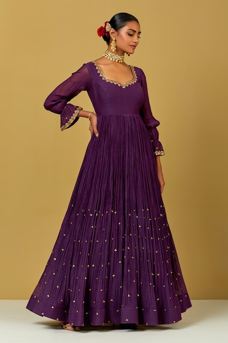 Ikshita Choudhary Purple Chanderi Embroidered V Neck Anarkali