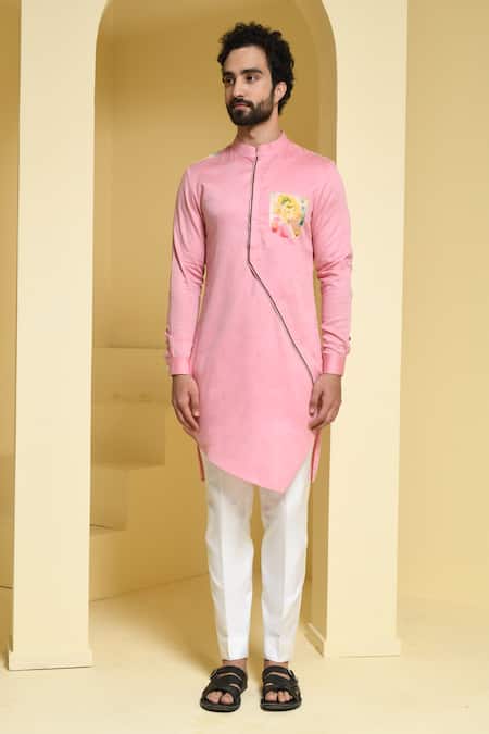 Kustomeyes Pink Cotton Asymmetric Kurta And Pant Set Online at Aza Fashions Kustomeyes_Pink Cotton Asymmetric Kurta And Pant Set _Online_at_Aza_Fashions