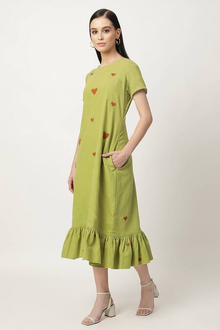 Buy_Musal_Green Cotton, Linen Embroidery Round Neck Litzy Heart Midi Dress_Online_at_Aza_Fashions