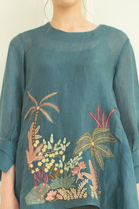 Buy_Oja_Blue Pant  , Tunic  Linen Embroidered And Set _Online_at_Aza_Fashions