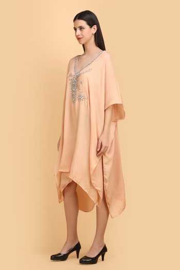Buy_Label Ivish_Beige Silk, Chiffon Diamonds V-neck Diamante Embroidered Kaftan _Online_at_Aza_Fashions