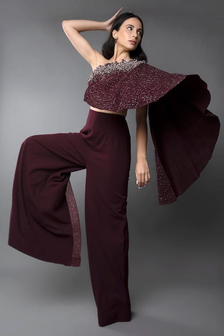 Buy_Anjum Qureshi_Wine Double Georgette Embroidery Sequin Asymmetric One Shoulder Jumpsuit _Online_at_Aza_Fashions