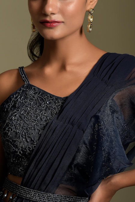 Buy_Two Sisters By Gyans_Blue Blouse Net, Saree Georgette And Pre-draped Ruffle With Embellished _Online_at_Aza_Fashions