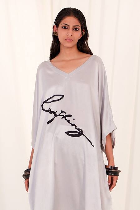 Buy AK-OK Grey Silk V-neck Printed Kaftan Dress Online at Aza Fashions Buy_AK-OK_Grey Silk V-neck Printed Kaftan Dress _Online_at_Aza_Fashions