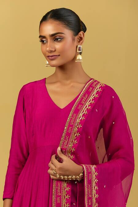 Buy_Ikshita Choudhary_Magenta Muslin, Silk, Organza Embroidery, Sequins Floral Anarkali Sharara Set _Online_at_Aza_Fashions