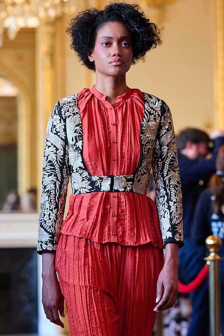 Shop Dash And Dot Brown 100% Recycled Polyester Band Collar Hand-crushed Shirt And Pant Set Online at Aza Fashions Shop_Dash And Dot_Brown 100% Recycled Polyester Band Collar Hand-crushed Shirt And Pant Set _Online_at_Aza_Fashions