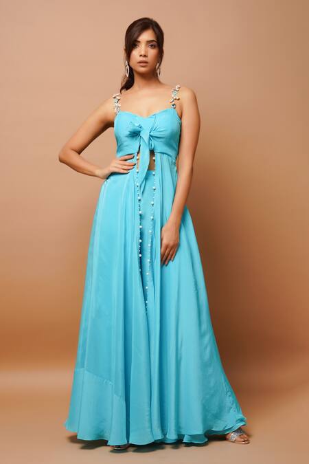 Buy Ahi Clothing Blue Crepe, Linen Pearls, Mirrors Sweetheart Neck Front-knot Top And Palazzo Set Online at Aza Fashions Buy_Ahi Clothing_Blue Crepe, Linen Pearls, Mirrors Sweetheart Neck Front-knot Top And Palazzo Set _Online_at_Aza_Fashions