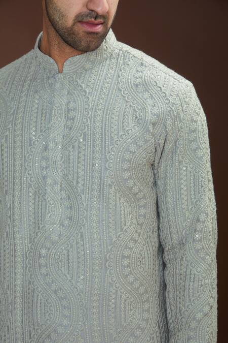 Buy_Kasbah_Grey Silk Embroidery Chikankari Work Kurta Set _Online_at_Aza_Fashions