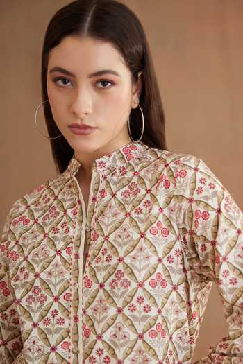 Buy_Nikasha_Red Cotton Embroidery Mandarin Collar Printed Kurta And Pant Set _Online_at_Aza_Fashions