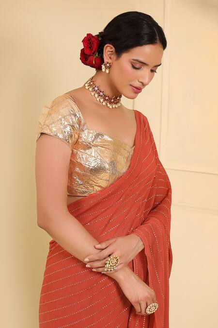 Buy_Esha Koul_Red Georgette Embellished Mukaish Work Sweetheart Neck Saree With Blouse_Online_at_Aza_Fashions