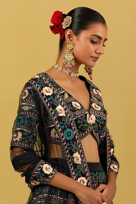 Buy_Ikshita Choudhary_Black Net Hand Embroidered Floral Pattern Dupatta_Online_at_Aza_Fashions